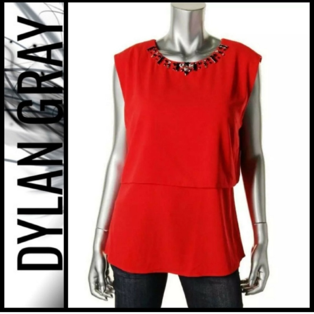 New Dylan Gray Red Sleeveless Top Beaded Jewels Layered Cocktail Tiered M 8 10